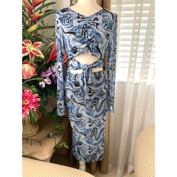 ASOS DESIGN Long Sleeve Mesh Midi Dress with Tie Waist Detail Blue Swirl Print - Picture 1 of 12